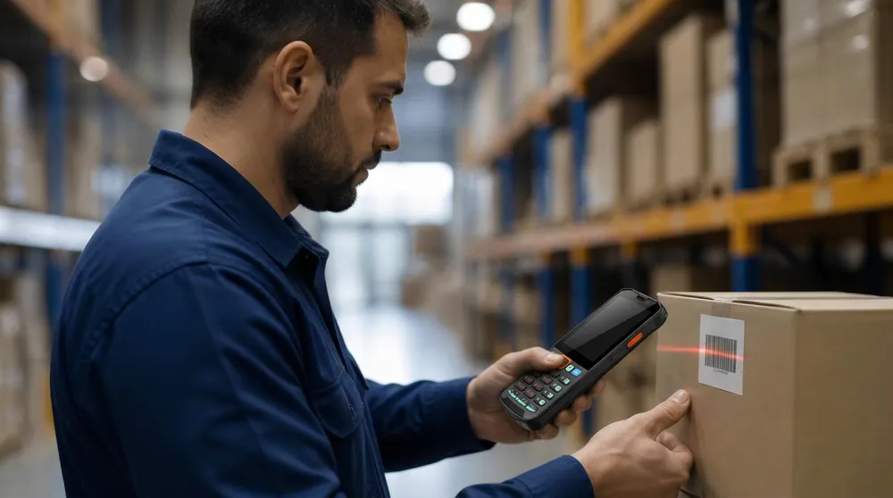 Operador de centro de distribuição usando coletor de dados Android para ler etiqueta de caixa