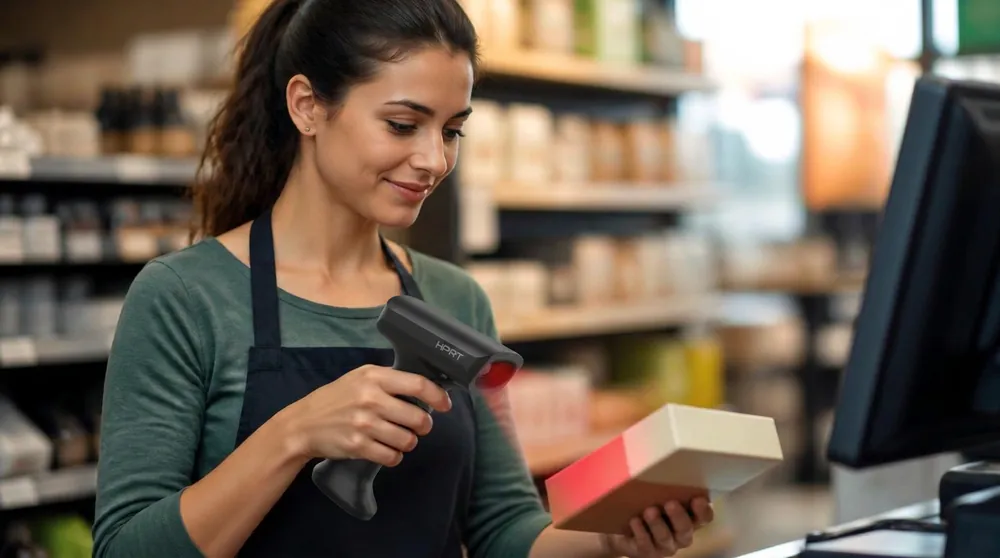 Operadora de loja lendo o código de barras de um produto com leitor sem fio no ponto de venda